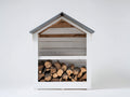 Portalegna-Legno-Metallo-110x65x180 cm-Bianco-Grigio-Stile rustico con tetto a due falde