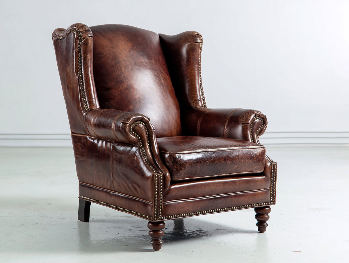 Poltrona - Pelle-Legno - 91x89x111 cm - Marrone - Stile classico vintage