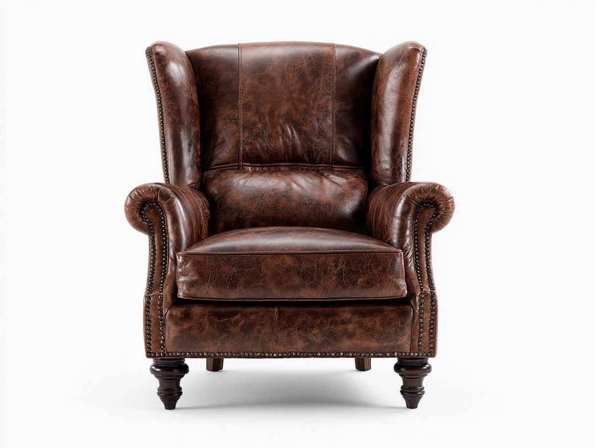 Poltrona - Pelle-Legno - 92x90x111 cm - Marrone - Stile classico vintage