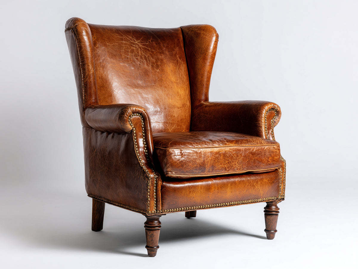 Poltrona - Pelle-Legno - 89x88x109 cm - Cognac - Stile classico vintage