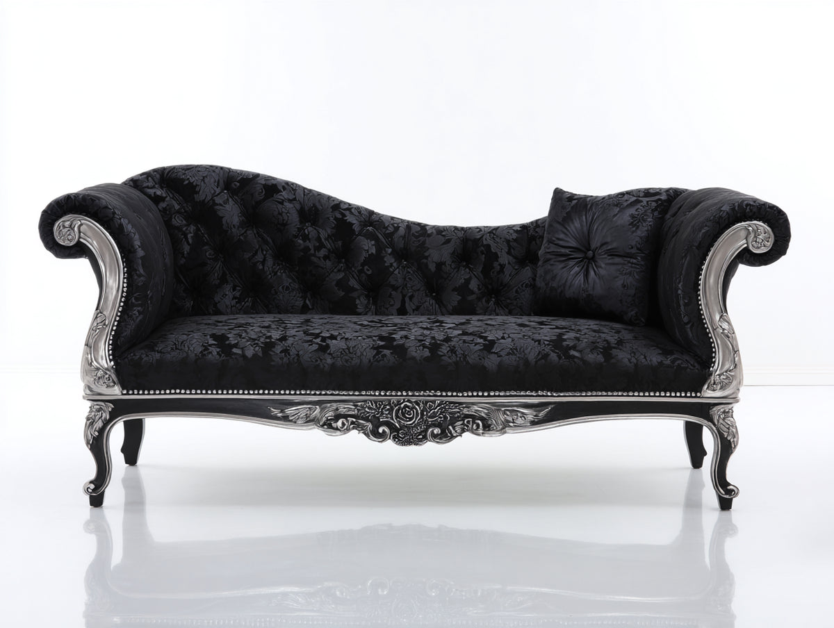 Chaise longue-Velluto-Legno-186x80x90 cm-Nero-Argento-Stile barocco capitonné