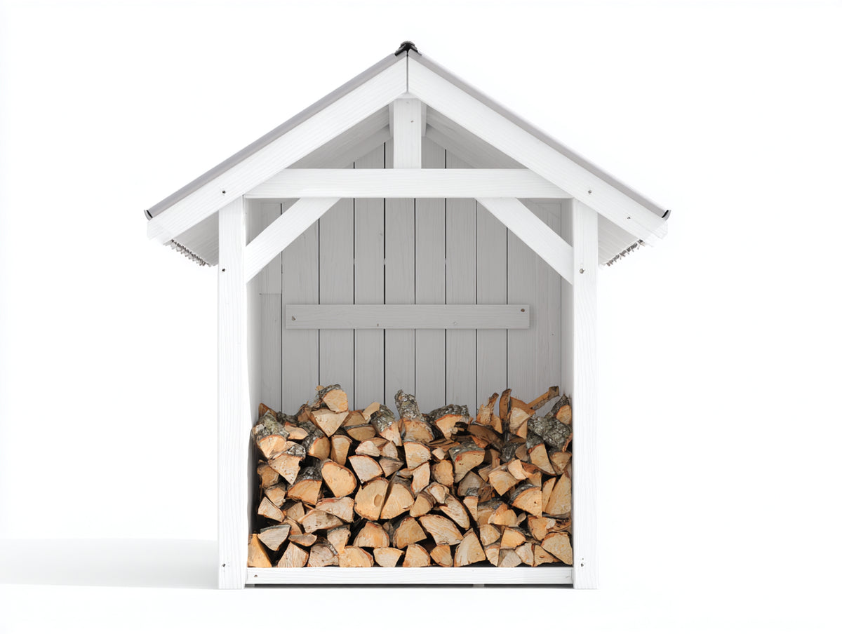 Portalegna-Legno-Metallo-125x75x190 cm-Bianco-Grigio-Stile tradizionale con tetto a due falde