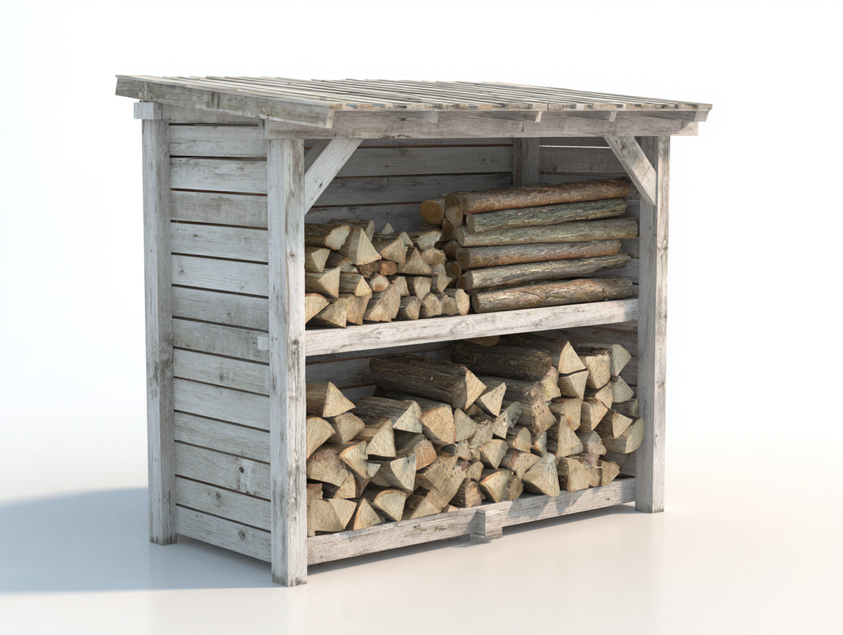 Portalegna-Legno-Metallo-165x75x165 cm-Grigio chiaro-Legno naturale-Stile rustico con tetto a falda unica