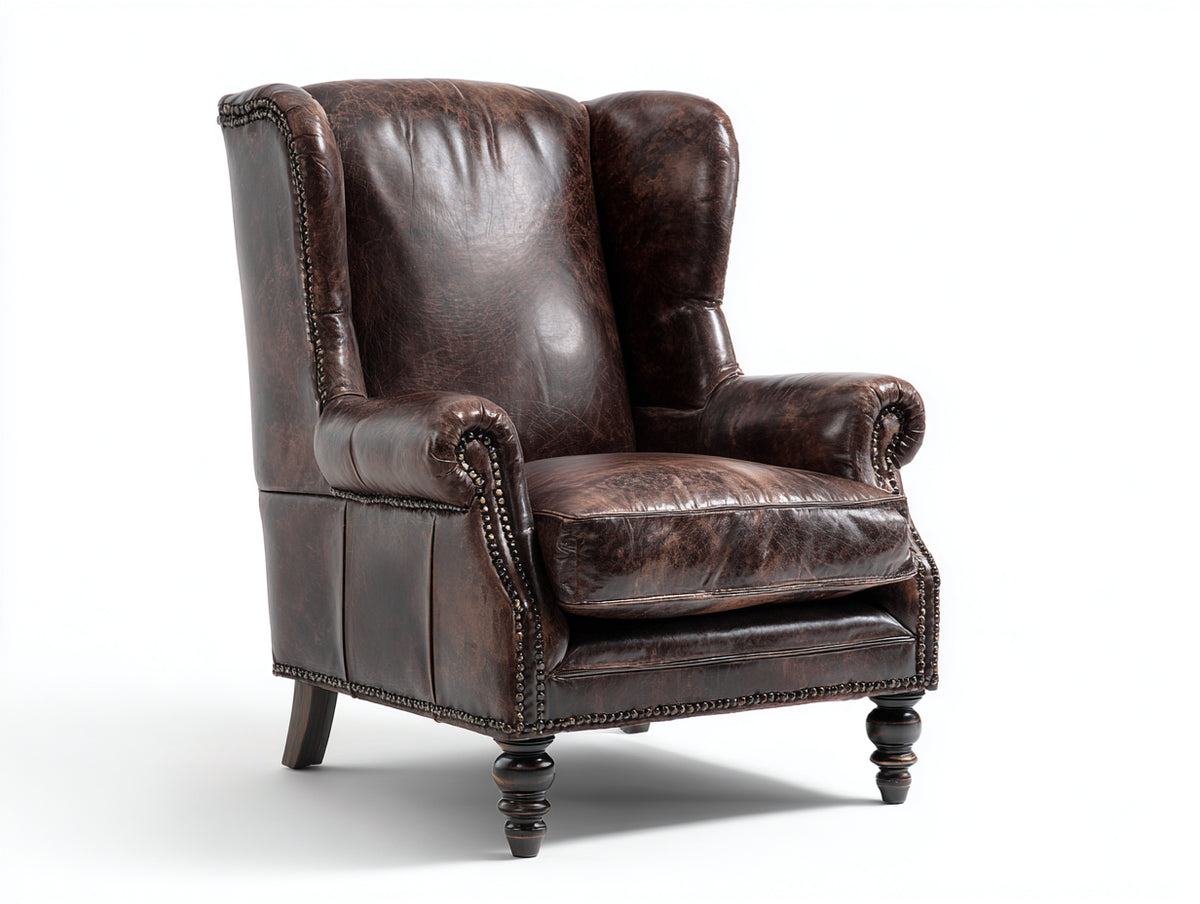 Poltrona - Pelle-Legno - 90x89x112 cm - Marrone - Stile classico vintage